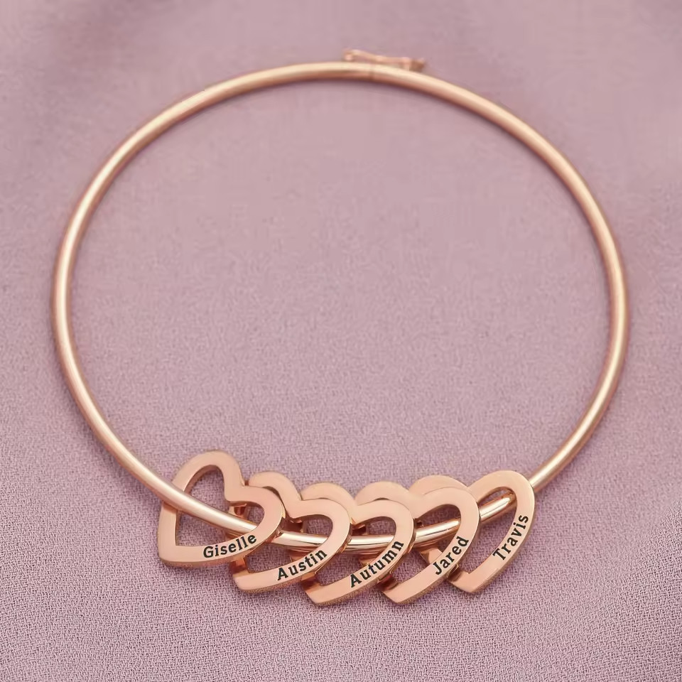 Custom 1-6 Name Bracelet Bangle Cuff Engraved Jewelry Hearts Family Couple Gift