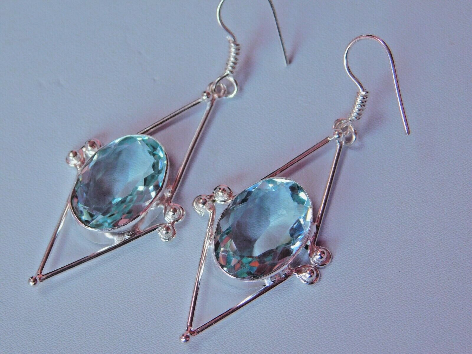 Gorgeous Triangular Hydro Aquamarine Quartz Silver Plated Brass Infinity Earring
