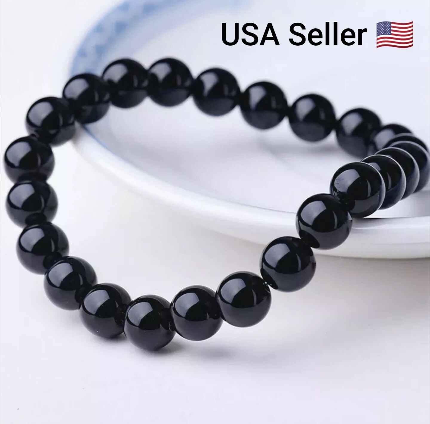 Beaded Bracelet 8mm Natural Stone Beads Men’s Gorgeous Semi-Precious Black Onyx