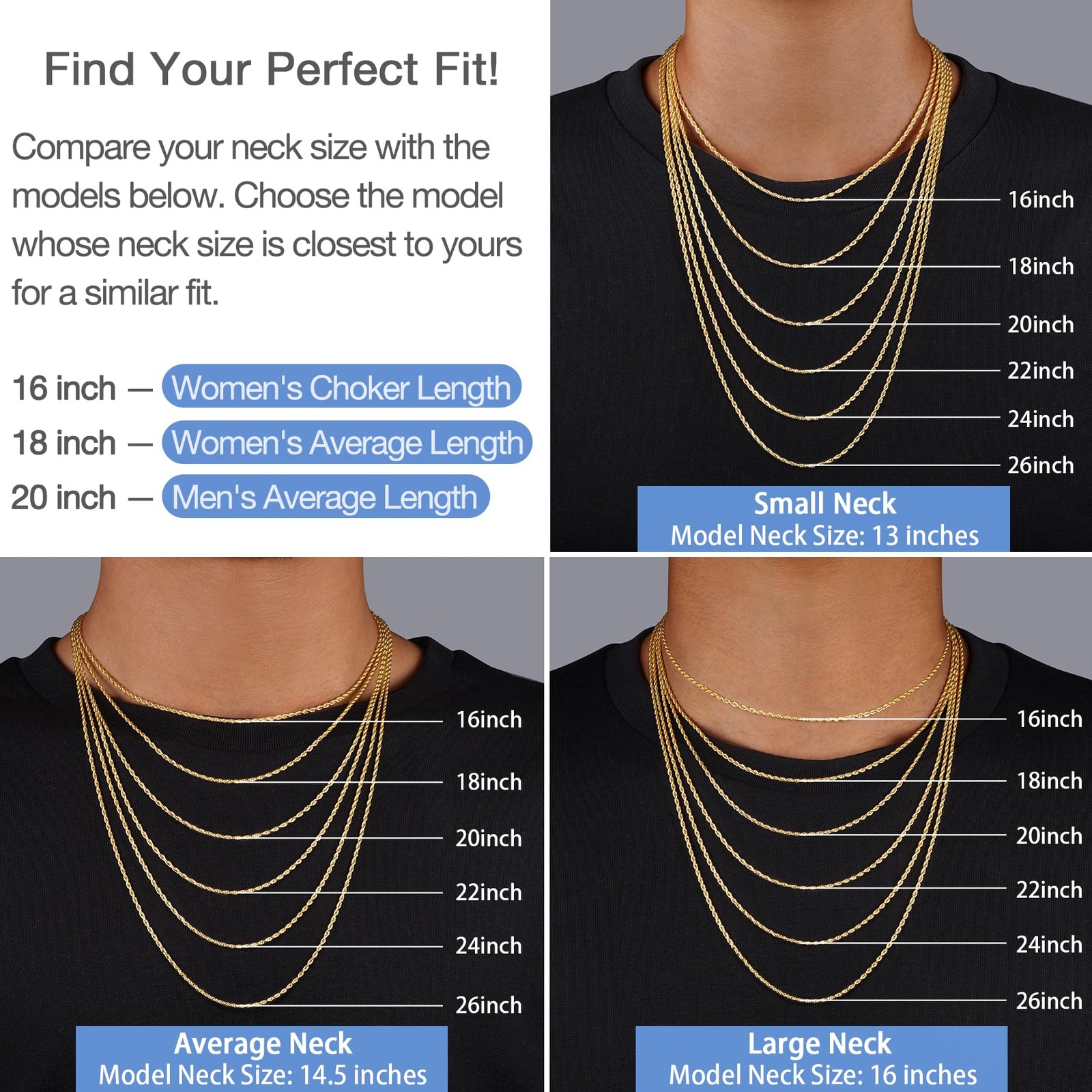 Jewlpire 14K Gold Plated Chain Necklace For Women 2Mm Rope Chains 14K Gold
