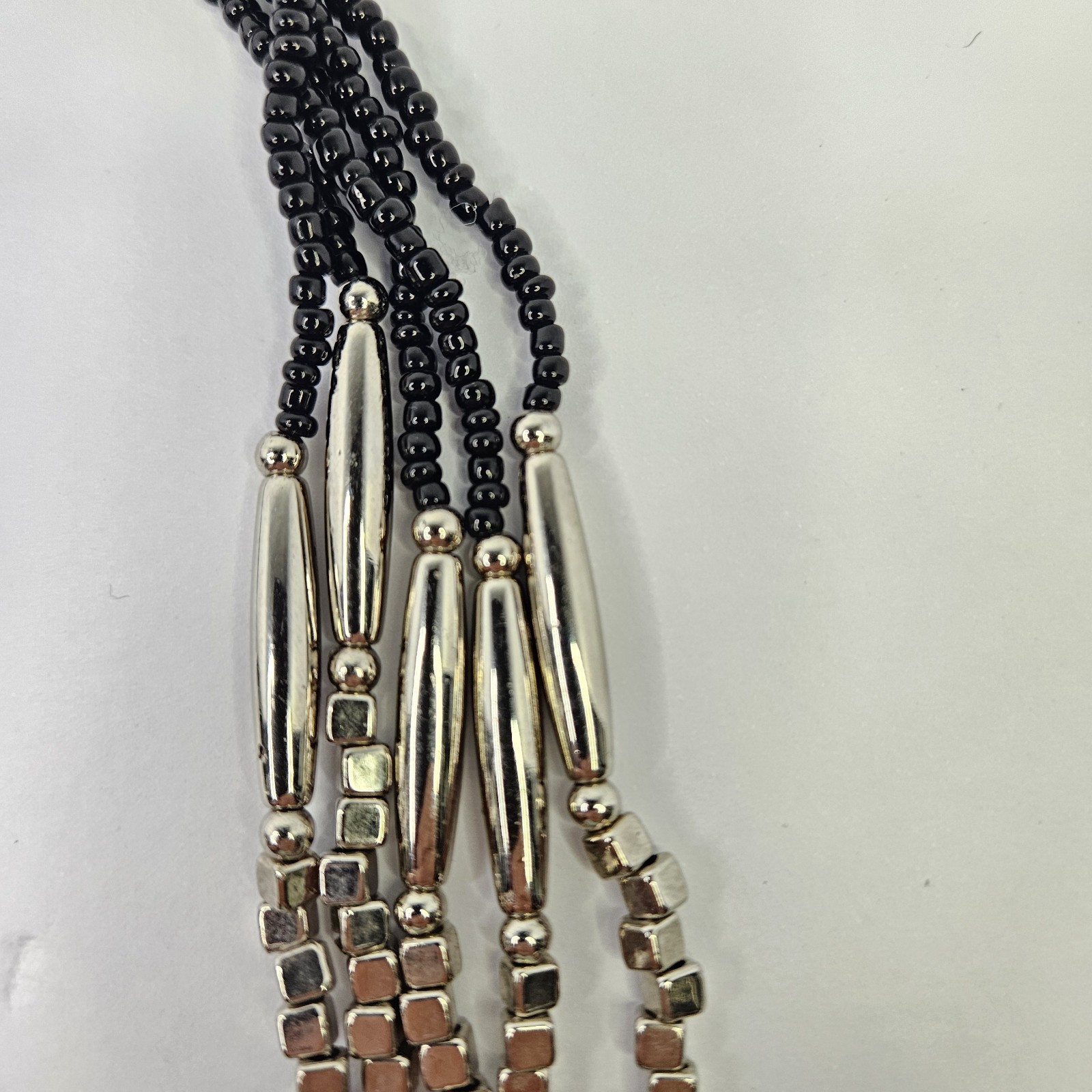 Womens statement Necklace Multi Strand cubic Metal, Iridescent Shell Seed Bead