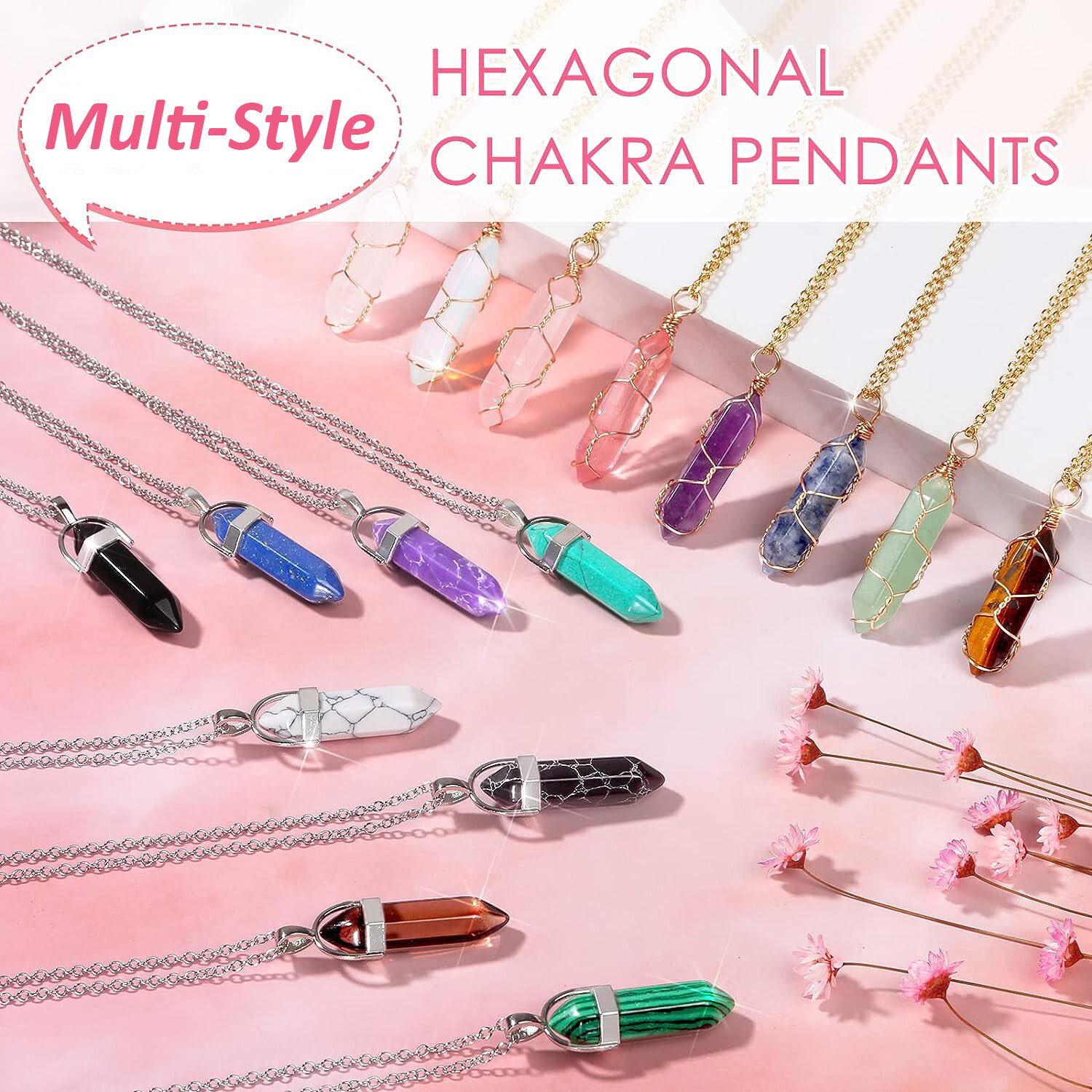 Chakra Crystal Hexagonal Pendants Natural Quartz Stone Healing Pendant Necklace