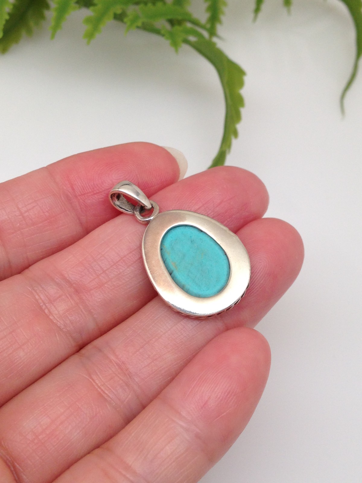 925 Sterling Silver Oblong Turquoise Twisted Rope Pendant Women 20mm(0.79″)/29mm