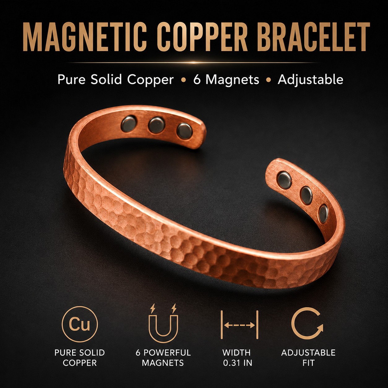 Magnetic Copper Bracelet Pure Solid Copper 6 Magnets Adjustable Cuff Women Men
