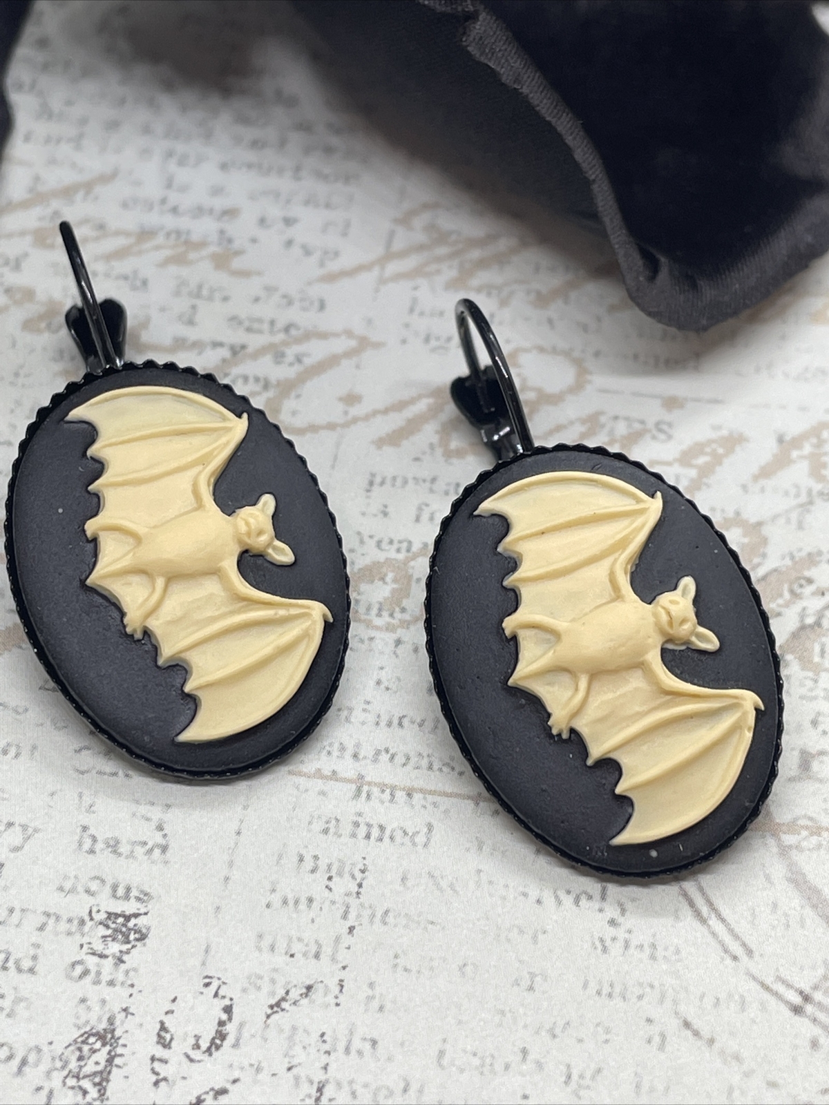Bat Wings Witch NEW Black Setting Enamel Gothic Earrings Cameo Birthday Festival