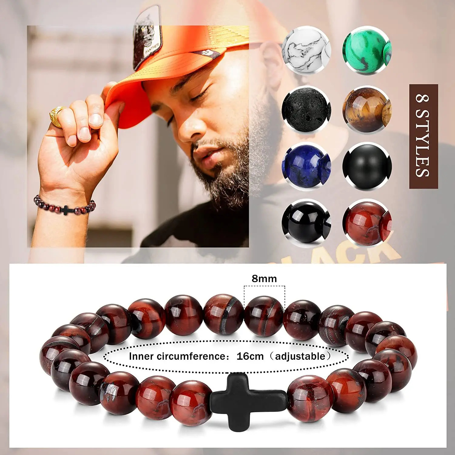 Natural Stone Beads Bracelet Hematite Cross Prayer Yoga Jewelry Men Women