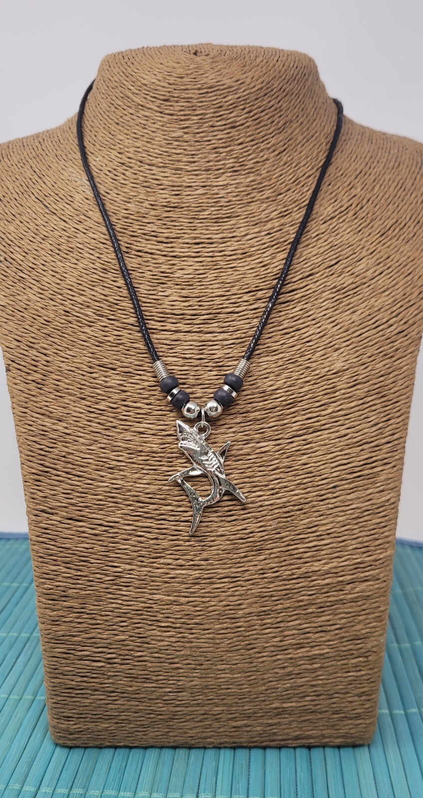 Silvertone Mako Shark Necklace Black Cord Unisex Pendant 18″ Ocean Jewelry