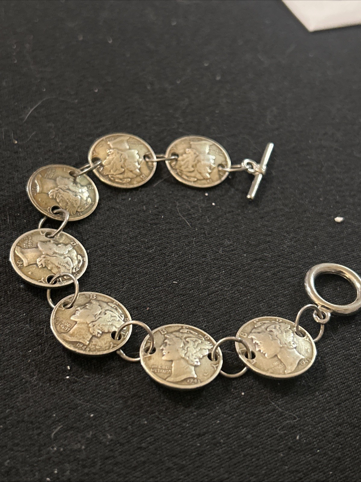 Repousse’ Mercury Dime Coin-Bracelet,.925, Toggle Clasp
