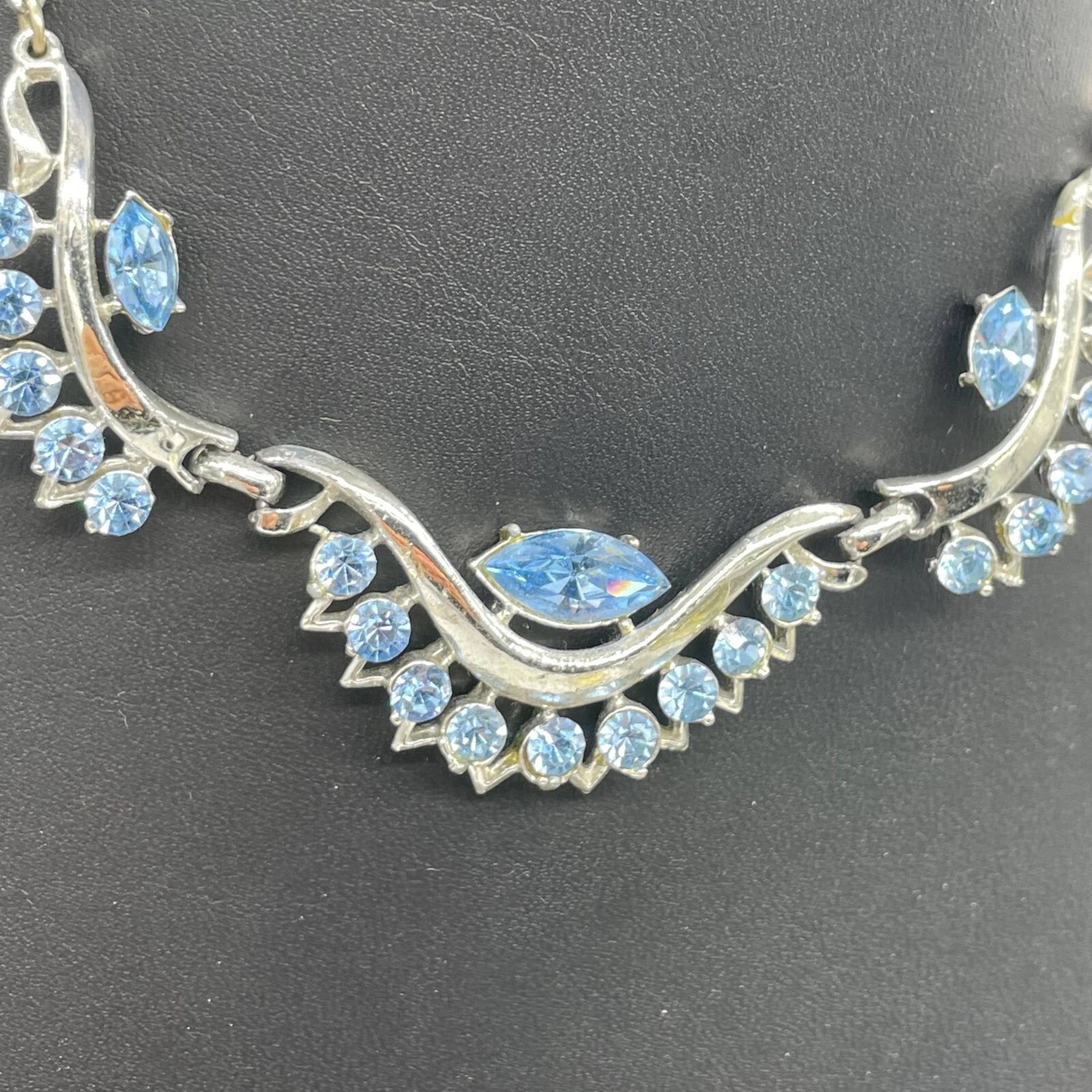 Blue Rhinestone Crystal Chain Necklace 14 to 17 Inches Hook Closure Silver Tone