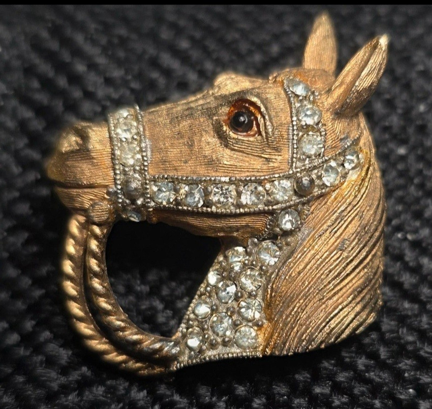 Vintage Gold Tone Horse Head Brooch Pin with Clear Round Rhinestones Signed JJ