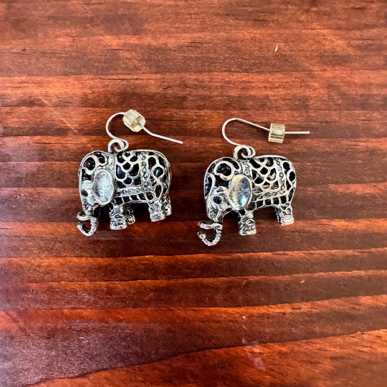 Silver Tone 3D Filigree Elephant Dangle Earrings Wire Hook Boho Cute Animals