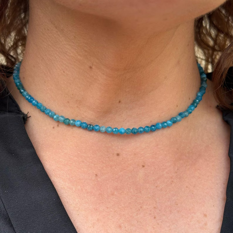 2mm Blue Apatite Choker Necklace Dainty Crystal Beaded Minimalist Gift for Her