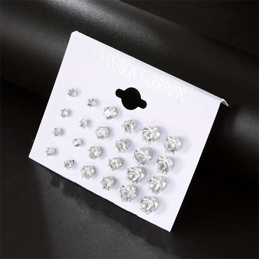 Silver Alloy Zircon Stud Earrings Set 12 Pairs Round Six Prong for For Gifts
