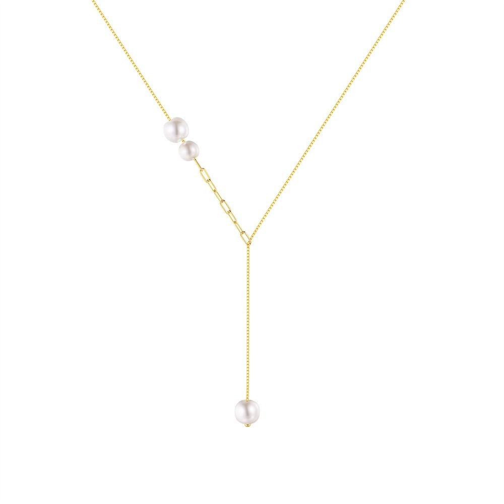 Gold Plated 925 Sterling Silver Faux Pearl Y Lariat Necklace for Women