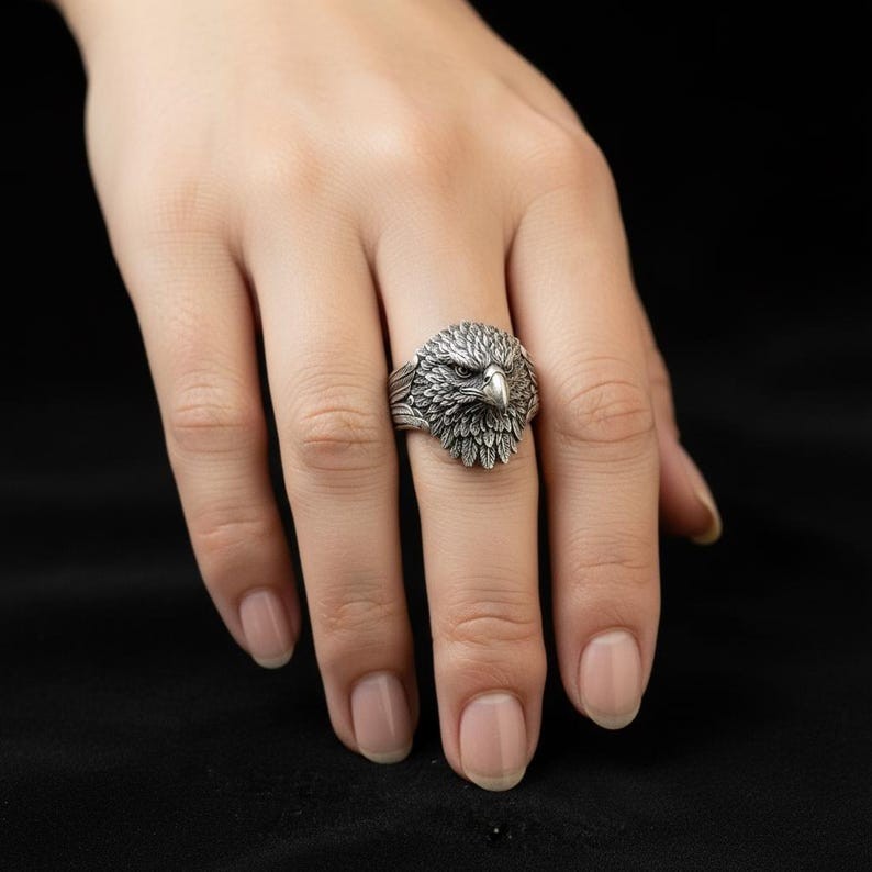 925 Sterling Silver Eagle Head Ring Mens Vintage Oxidized Statement Band New