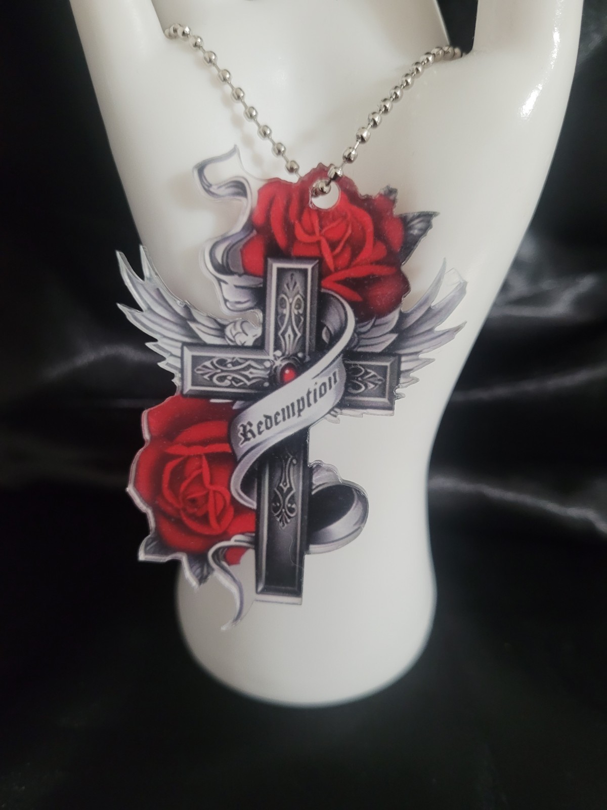 Rear View Mirror Cross Ball Chain Red/Black Rose Design. Or Hang Anywhere.