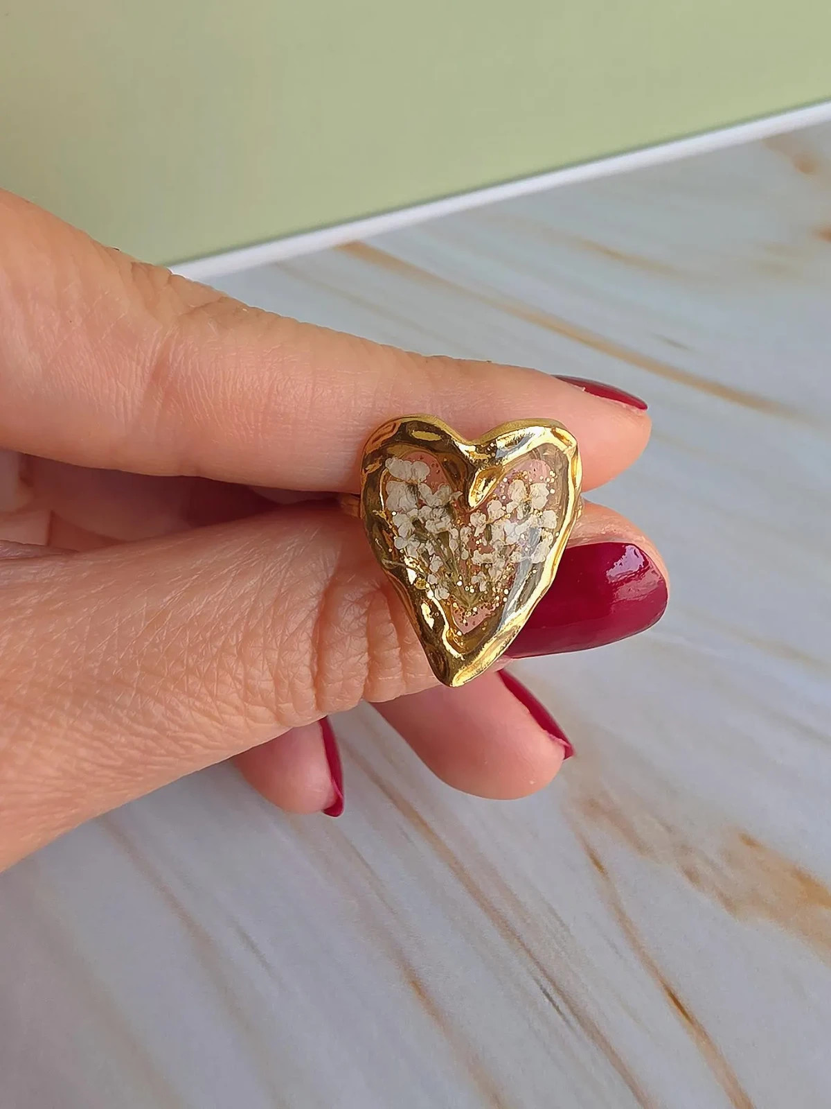 14k Yellow Gold Heart Ring Pressed Flower Plated Resin Adjustable Botanical Gift