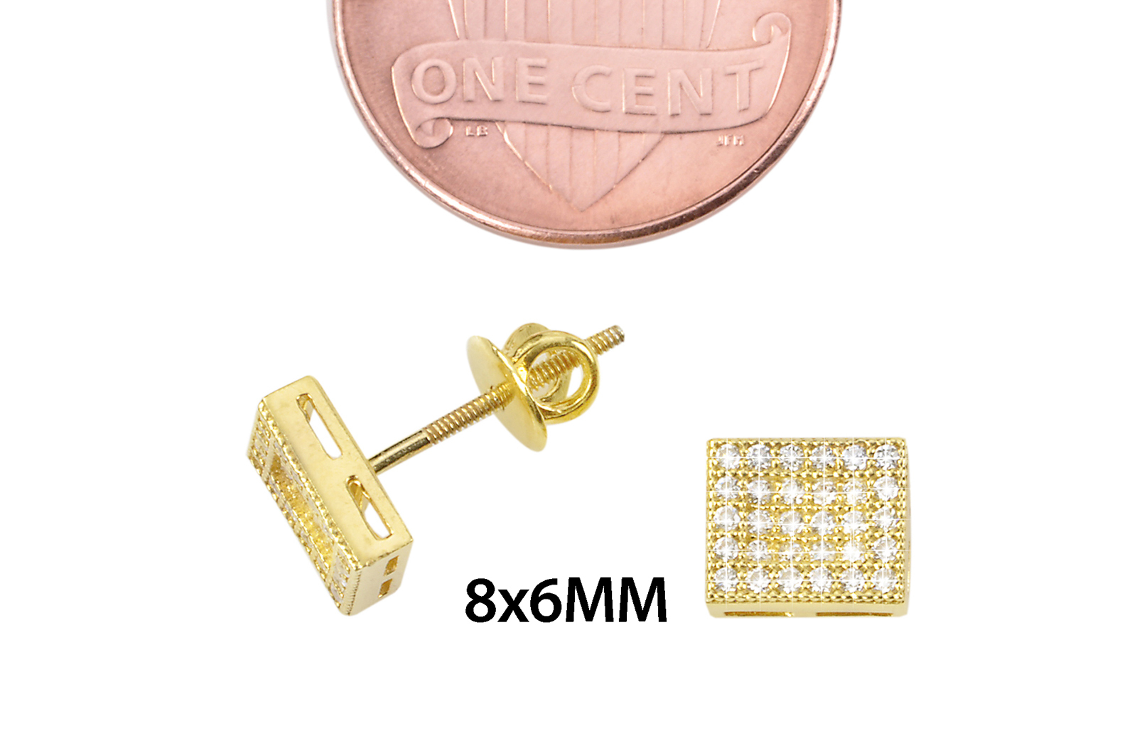 Yellow Gold Plated Sterling Silver Rectangle Screwback Stud Earrings 6mm x 8mm