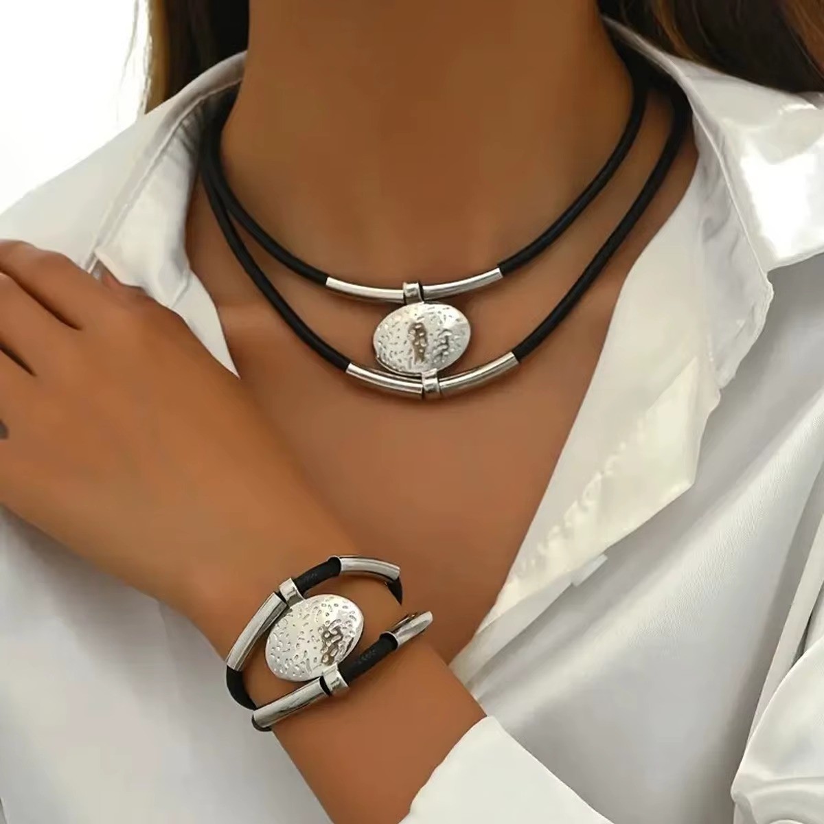 2pc Vintage Oval Necklace Bracelet Set Gold Silver Faux Leather Choker Retro NEW