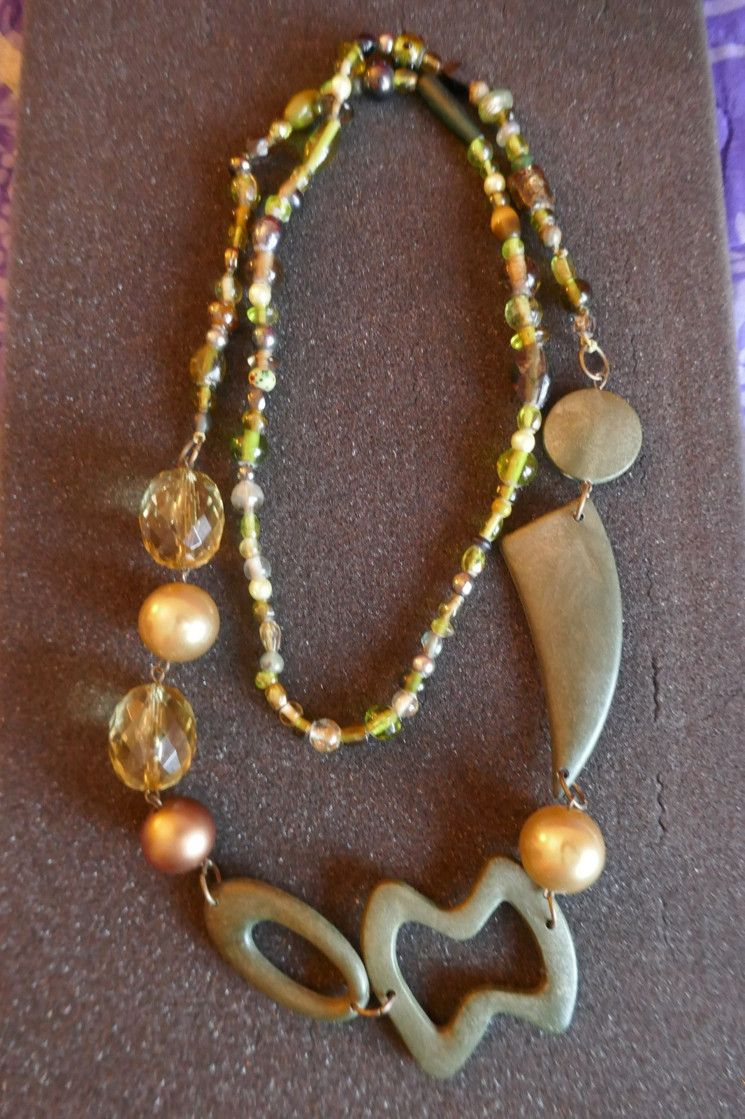 40″ Long Necklace Green Copper Gold Large Abstract Shapes Acrylic & Glass Beads