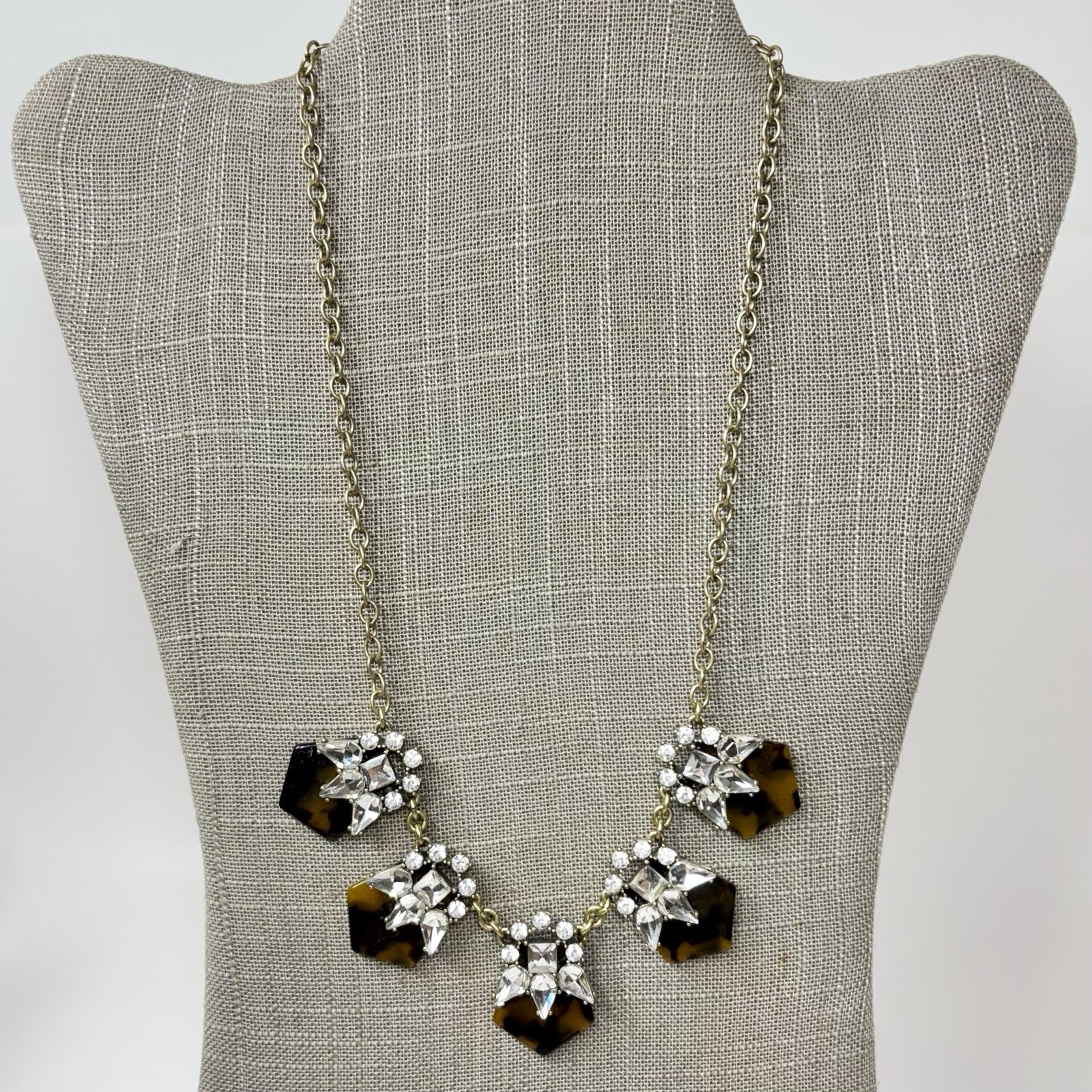 J.Crew Faux Tortoise Shell Brown Acrylic Gold Tone Rhinestone 18″-20″ Necklace