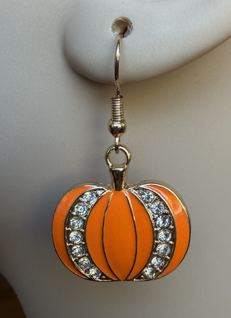 Orange Pumpkin Earrings Rhinestone Halloween Fall Dangle Lightweight