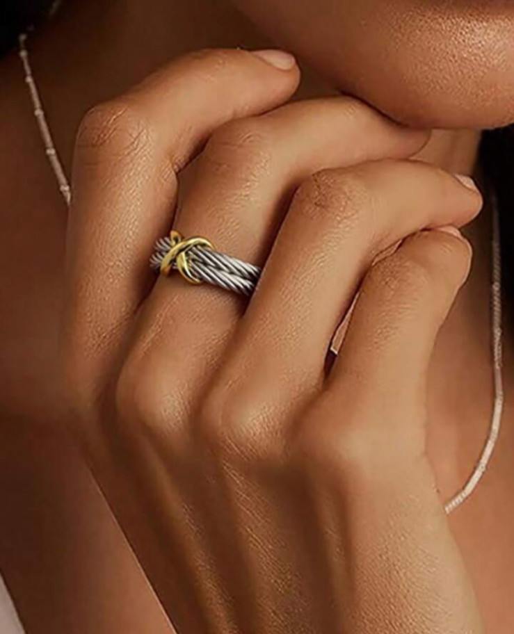 Contemporary Stainless Steel Cable Ring Gold Crisscross Accent