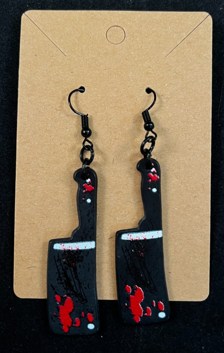 Bloody Cleaver Knife Earrings – Black Hooks – Serial Killer -Halloween -Handmade