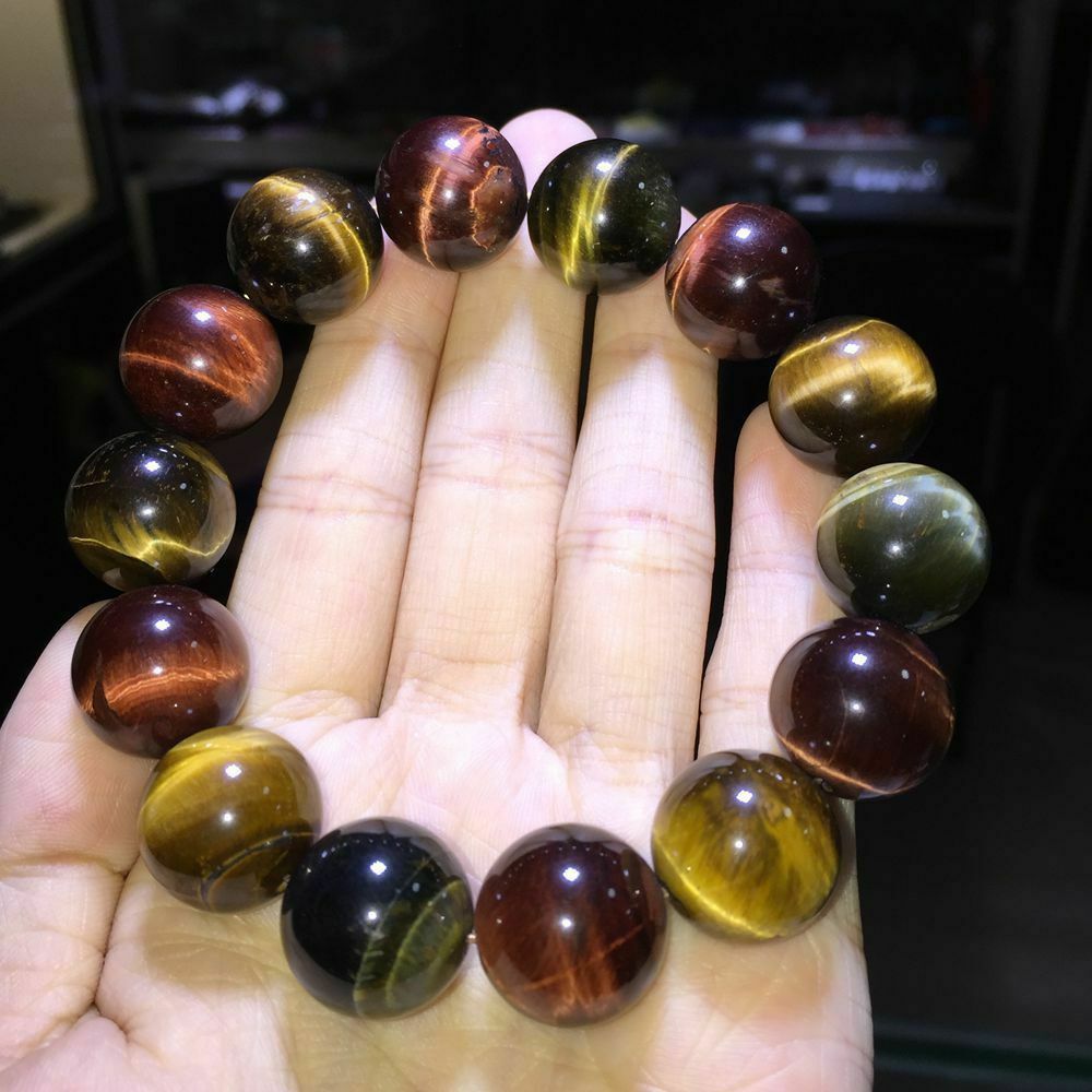 14MM Natural Colorful Tiger’s Eye Stone Round Beads Stretchy Bracelet Bangle 7.5
