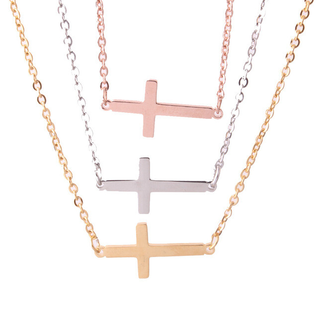Sideways Cross 16″-18″ Necklace Silver Rose Gold Stainless Steel PE8