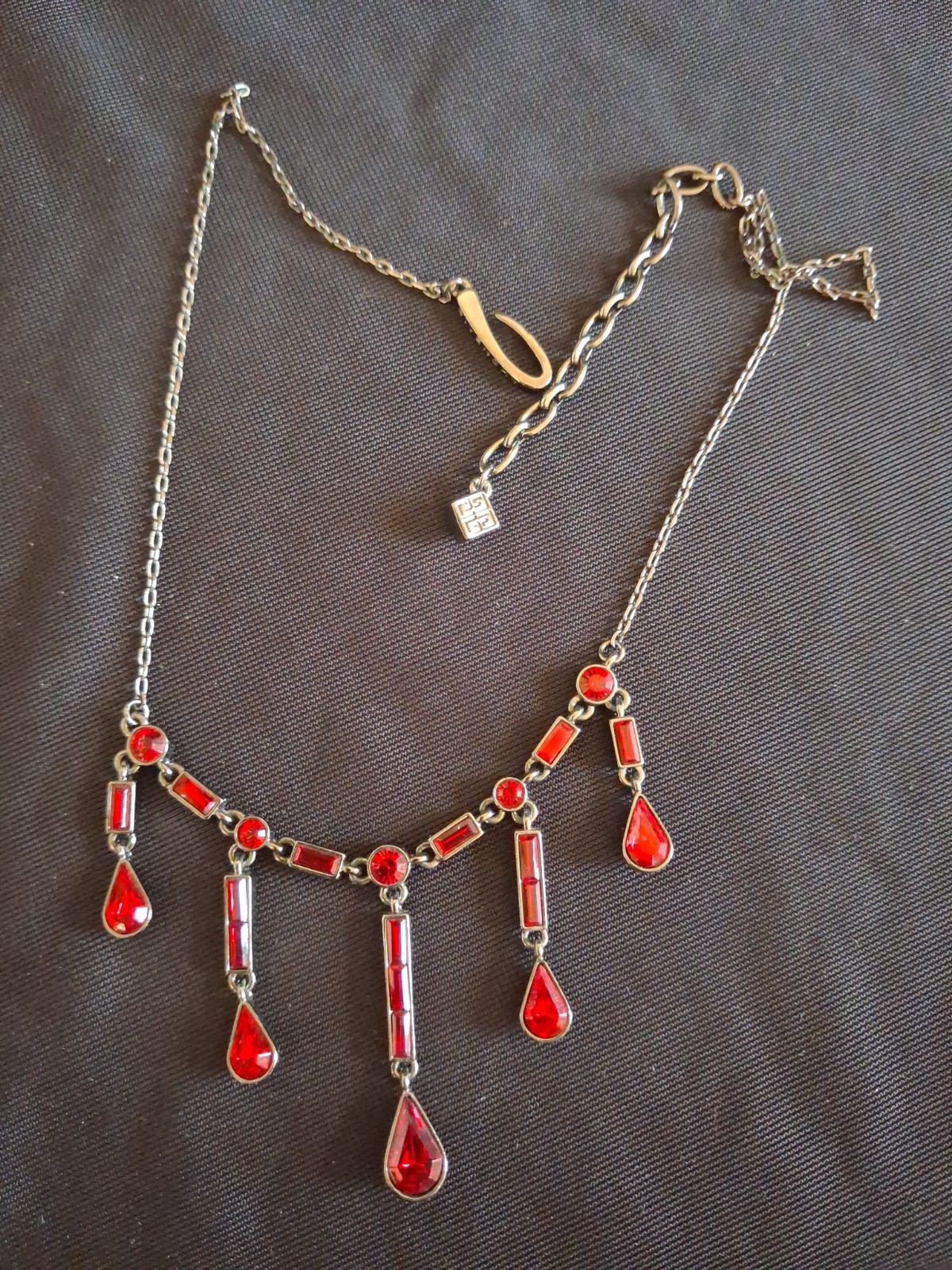 Givenchy Gunmetal Dangle Bib Dainty Red Stones Necklace