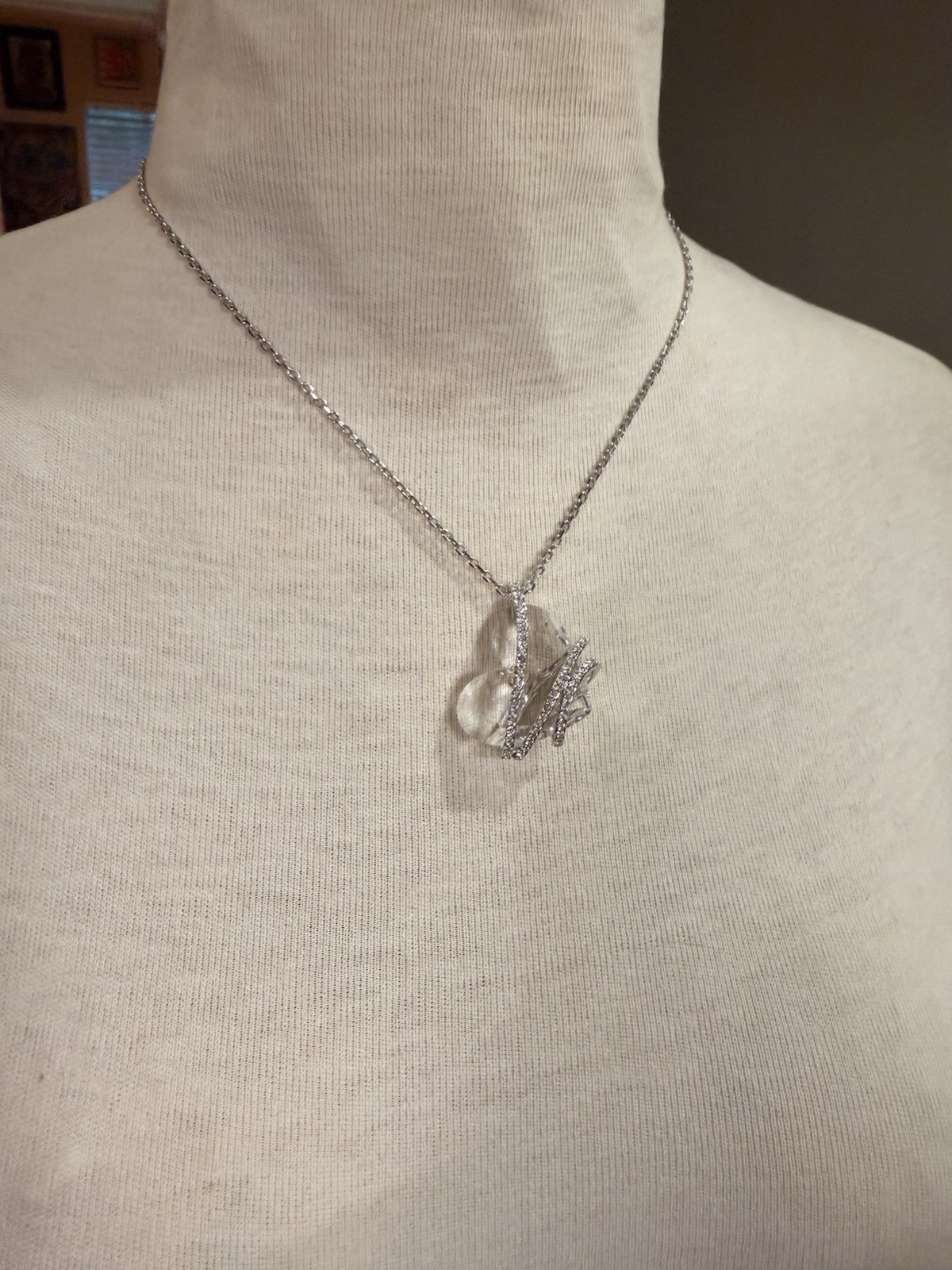 Vintage Swarovski Heart Crystal Necklace Silver Tone Pave Wrap Pendant Formal