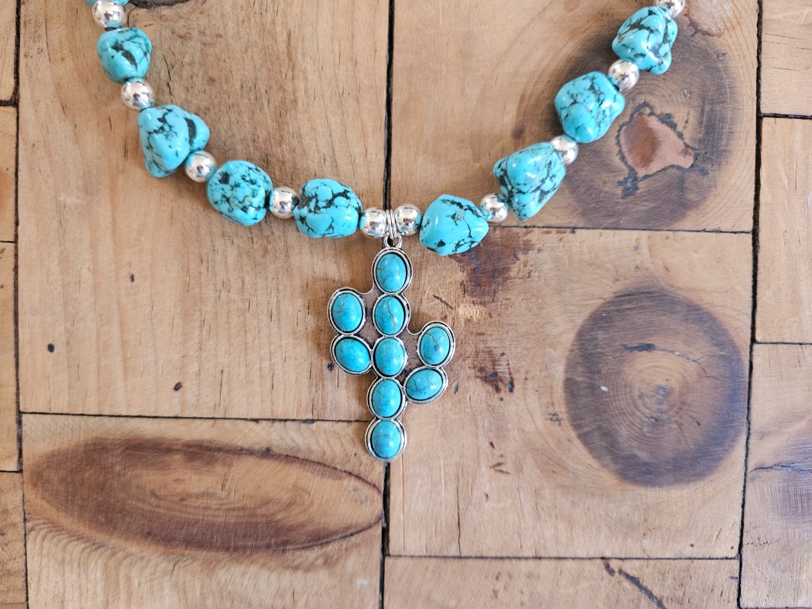 Faux Turquoise Magnesite Necklace w/ Saguaro Cactus Pendant Southwestern Jewelry