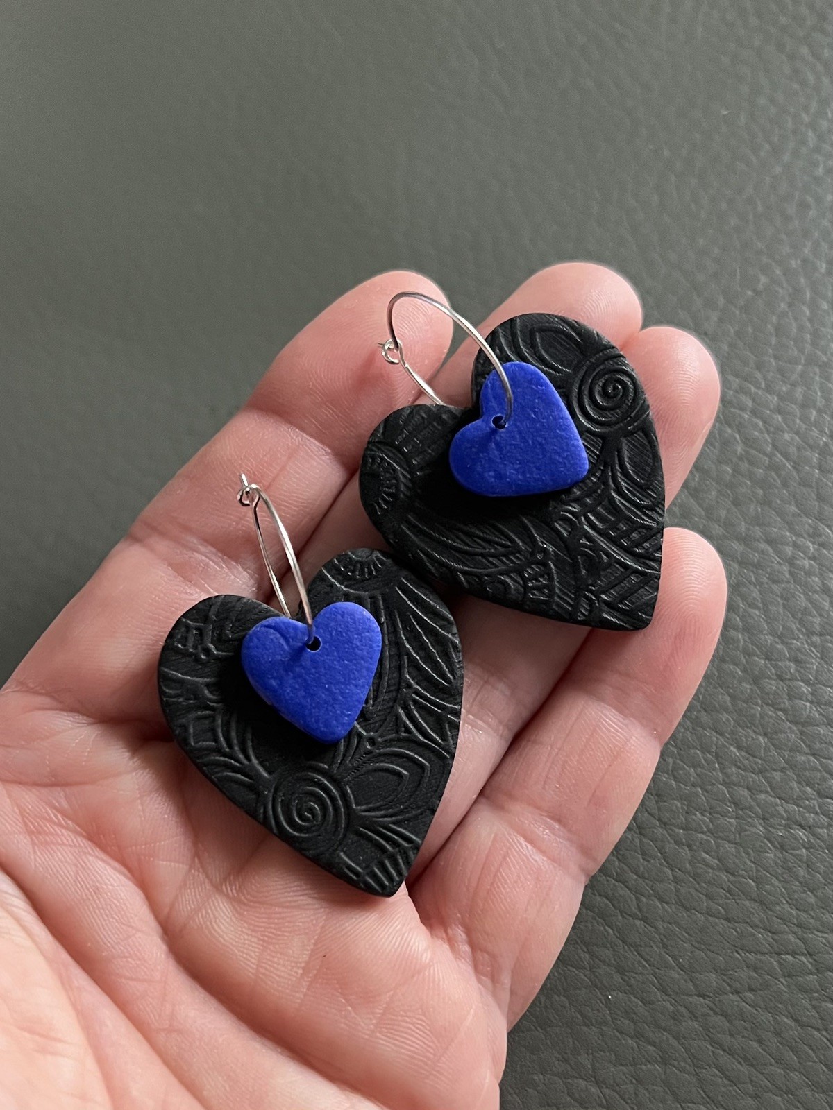 Black & Royal Blue Heart Polymer Clay Earrings – Handmade Statement Hoops
