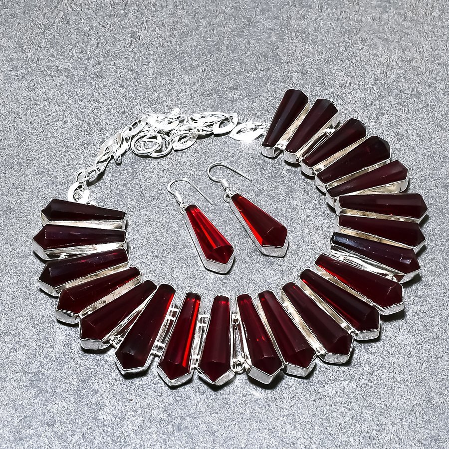 Faceted Mozambique Garnet Pencil Shape Gemstone Ethnic Jewelry Necklace+Earrings