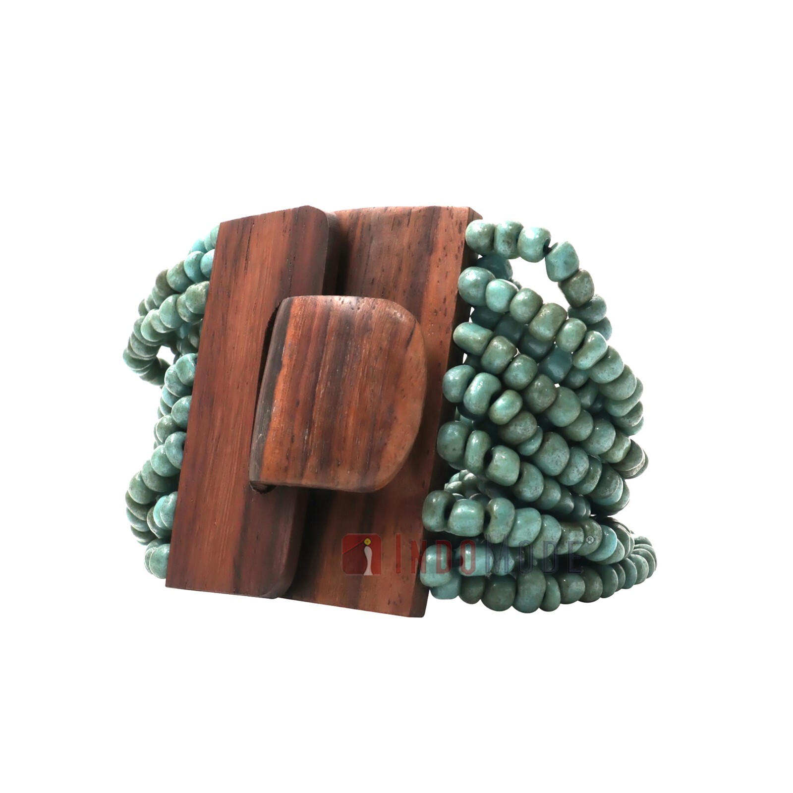 Turquoise BALI Bracelet With Hardwood Buckle Clasp 14-Strand Elastic Glass Bead