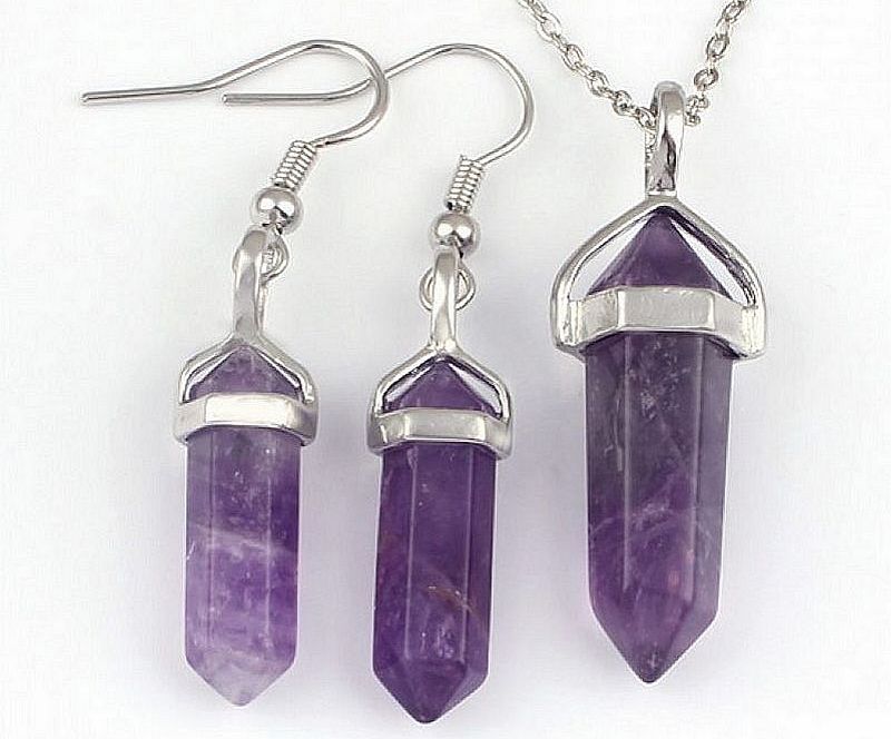 Gemstone crystal hexagonal point necklace pendant earrings set reiki healing