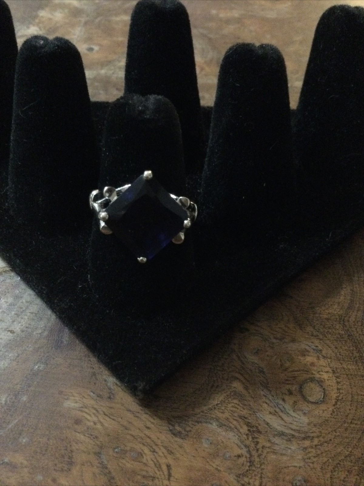 Silver Tone Blue Sapphire Color Crystal Statement Ring Princess Cut Cocktail