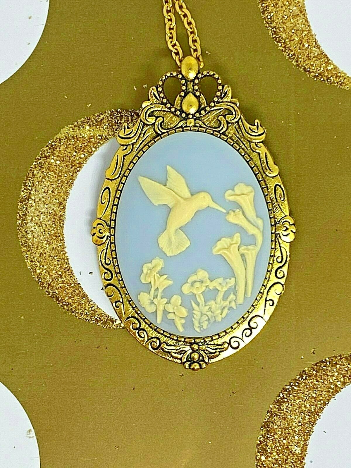 Hummingbird White Blue Cameo Gold Pendant Necklace Brooch Mom VALENTINES Gift