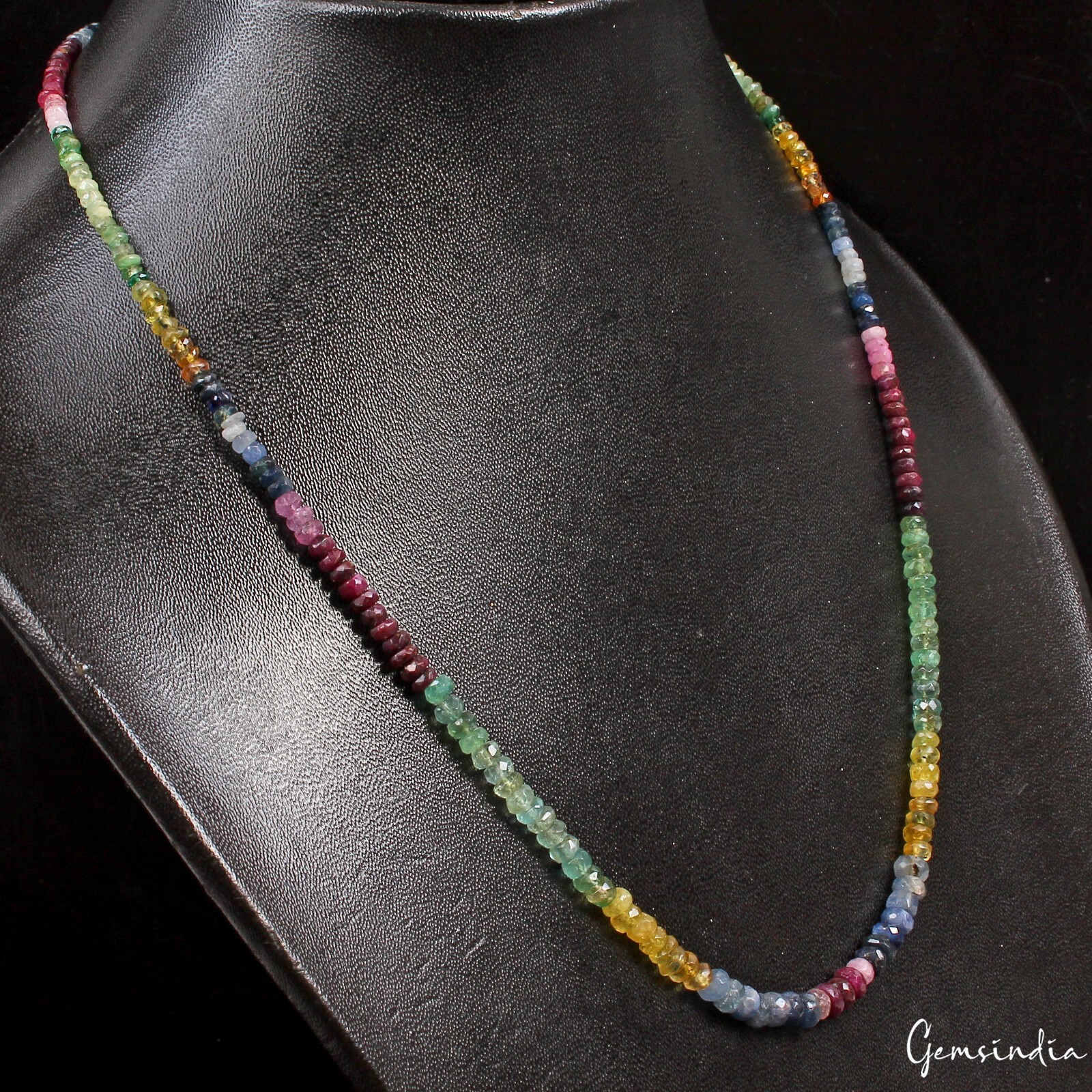 Natural Multi Color Ruby Emerald Sapphire Rondelle faceted Beads Necklace 19 In