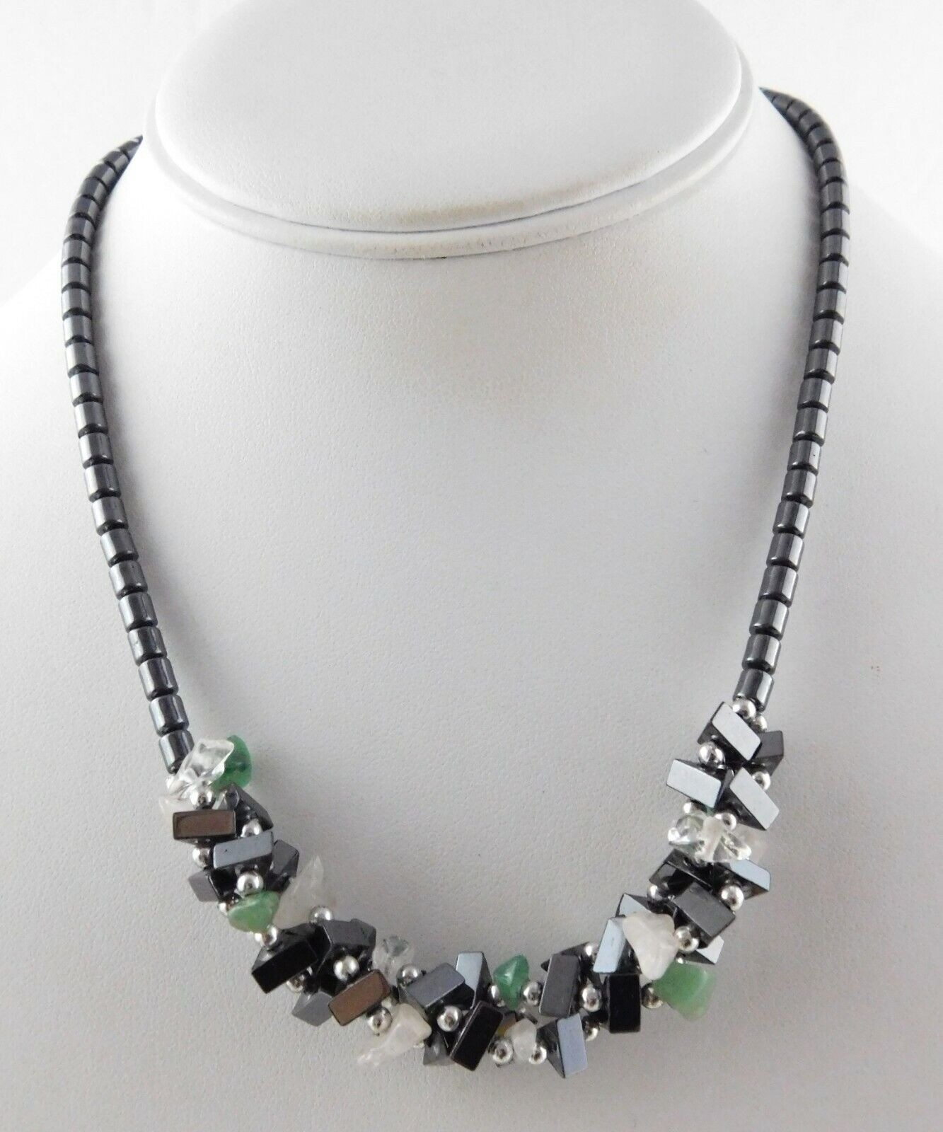 Handmade Silvertone Metal Hematite Aventurine and Quartz Necklace 17 Inches 36g