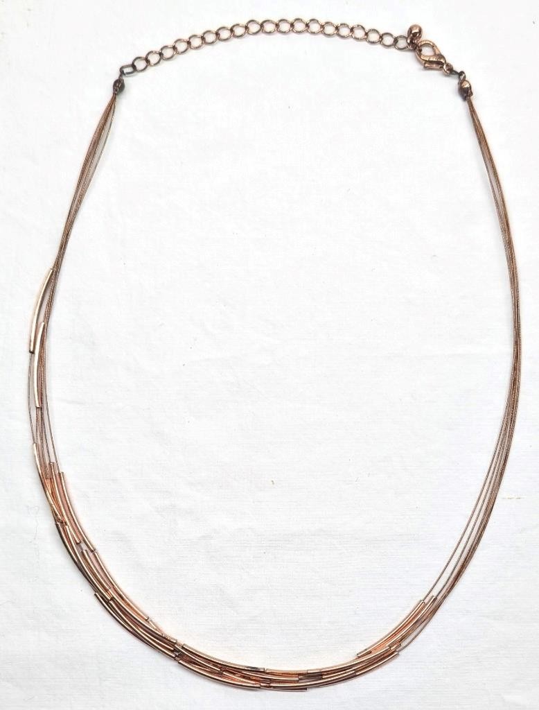 Vintage Copper Tone Liquid Metal Multi Strand Tube Bugle Bead Necklace Boho