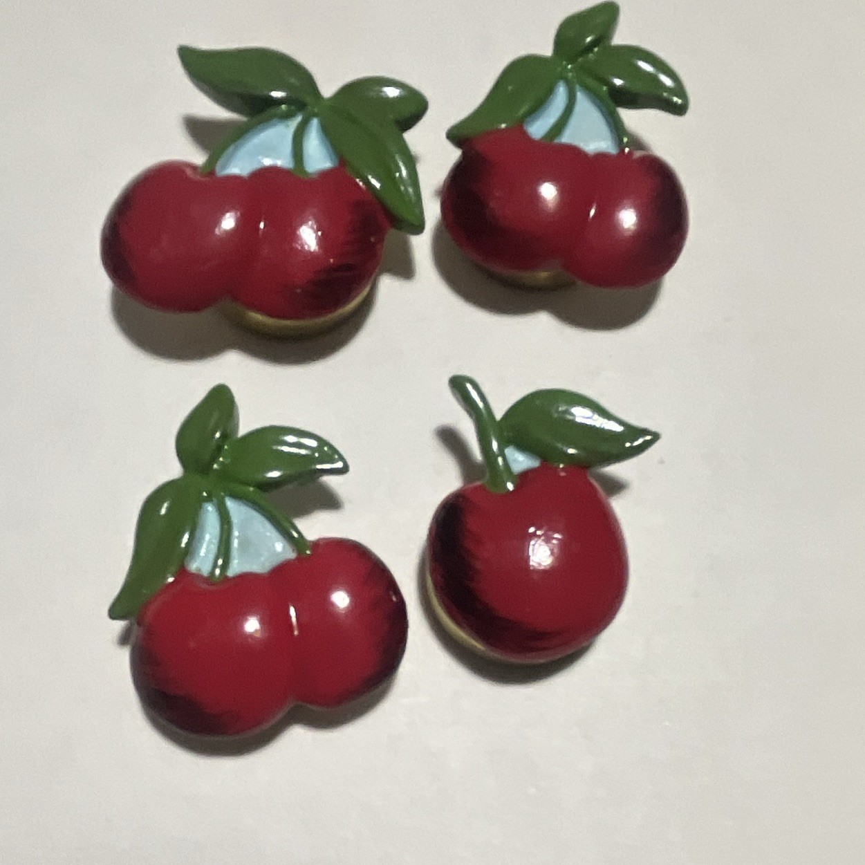 Lot of 4 Cherry Shaped Fruit Enamel Metal Lapel Pins, Red & Green