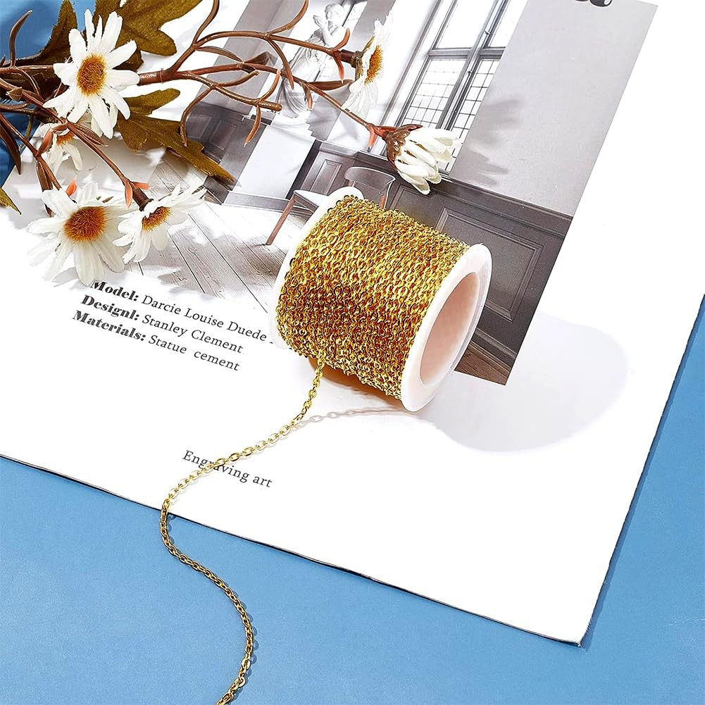 33 ft Necklace Chains 2.2mm Golden Iron Cross Chains Link Flat O-Shaped Cable