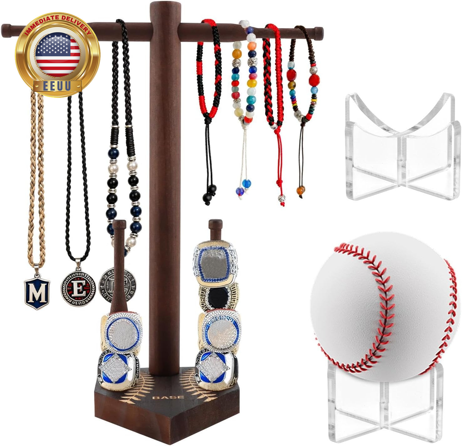 Baseball Ring & Drip Necklace Display Holder, Wooden Championship Ring Display H