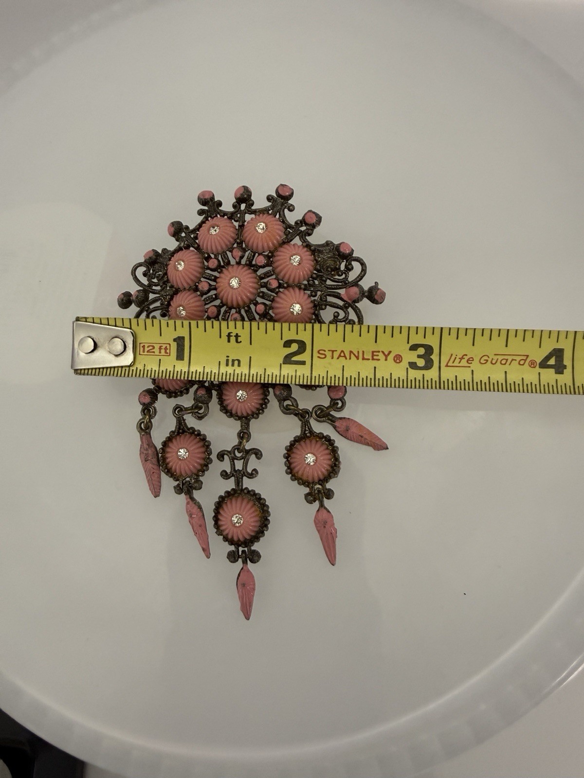 Enameled & Celluloid Pink Flower Dangle Brooch Filigree Metal