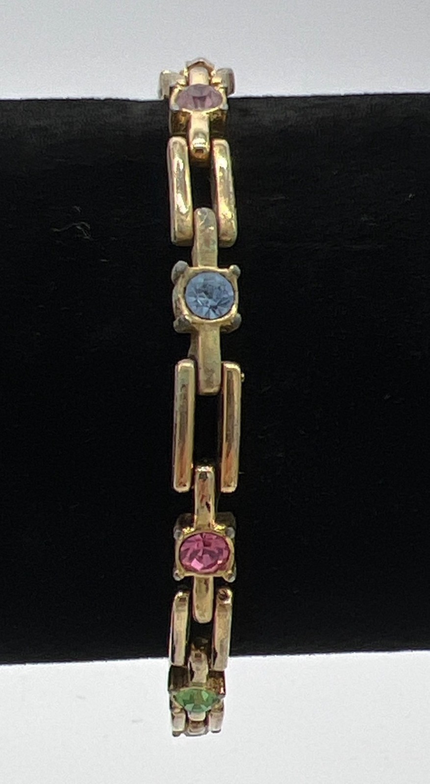 Gold-Tone Link Bracelet With Multicolor Gemstones & Fold-Over Clasp 7 Inches