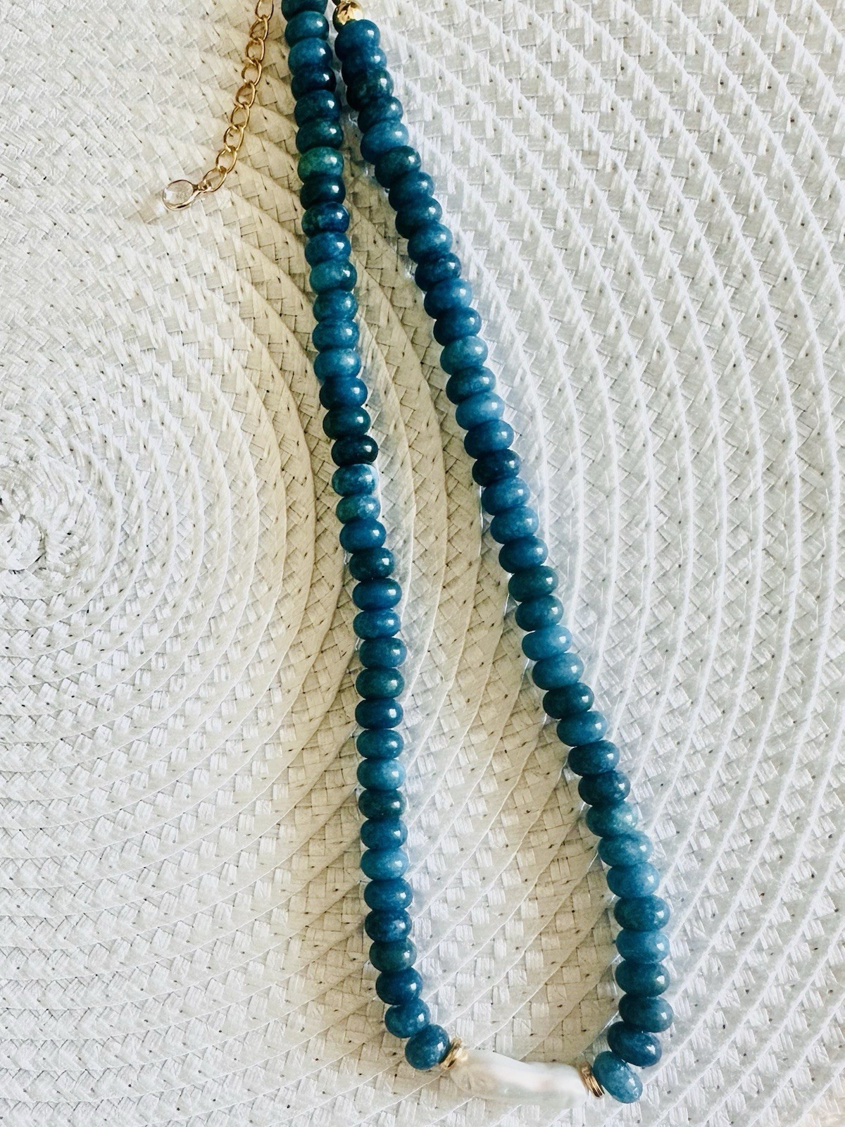 Blue Gold Beaded Necklace White Accent Hook Closure Fashion Jewelry