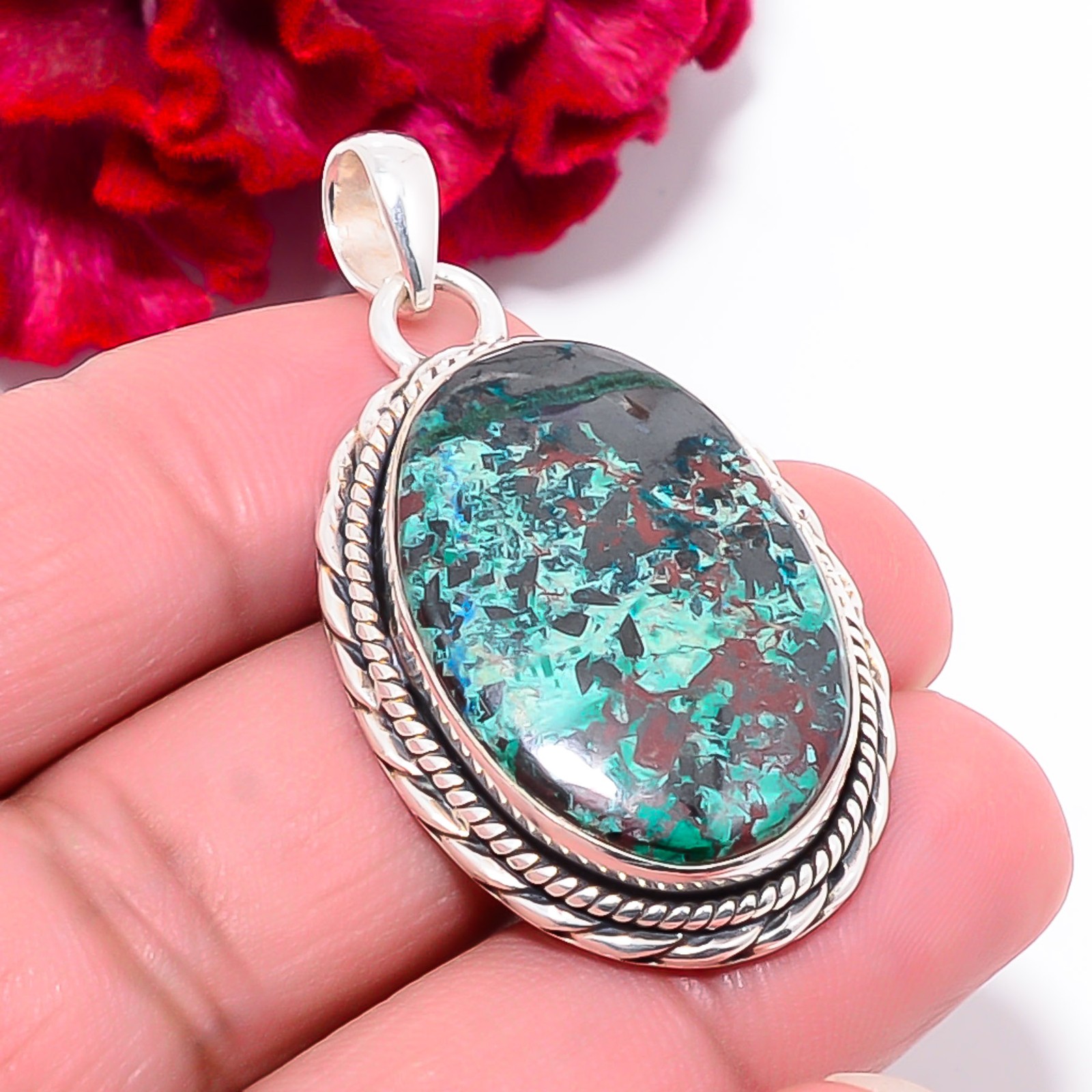 Chrysocolla – Madagascar Gemstone 925 Sterling Silver Pendant 1.95″ P101938