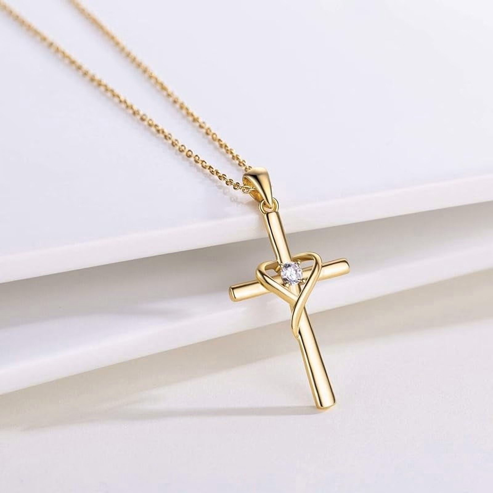 Gold Faith Cross Heart Necklace Crystal Pendant Inspirational Christian Jewelry